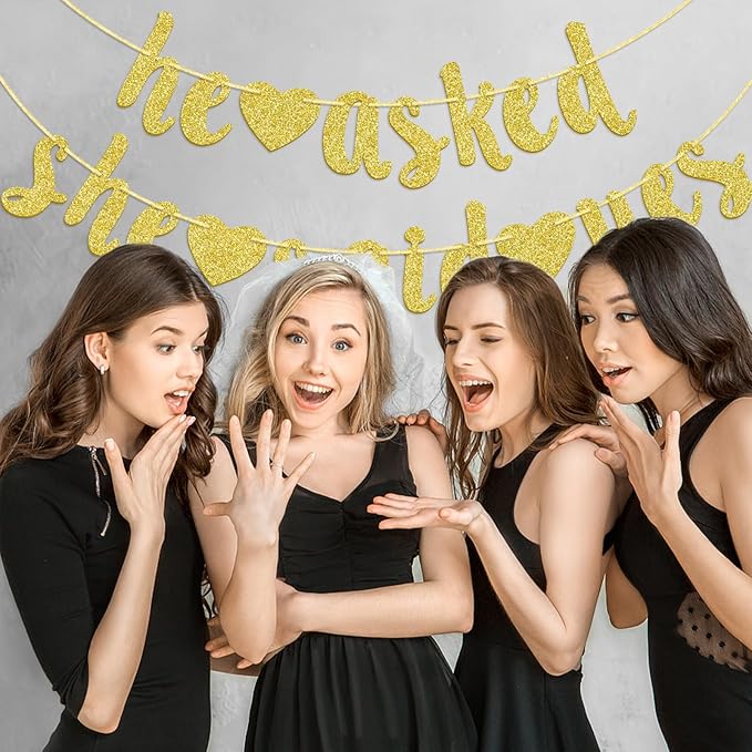 He Asked She Said Yes Gold Glitter Banner - Wedding, Engagement, Bridal Shower Party Decorations