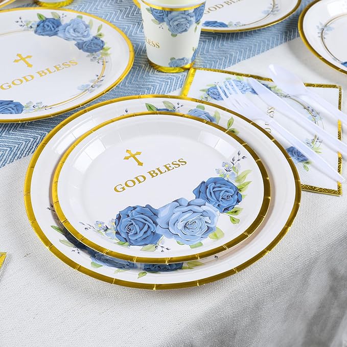 Religious Party Plates for 24 Guests - Baptism, First Communion, Confirmation (Blue)