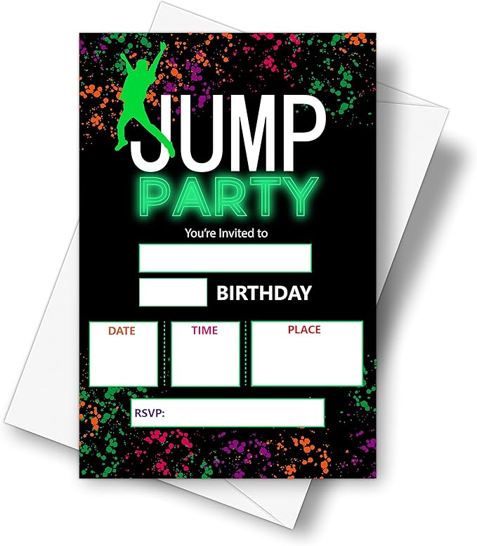 DETIHO 4" x 6" Jump Theme Birthday Party Invitation Cards With Envelopes - Trampoline Park Bounce House Party Invitation - 20 Sets - E33
