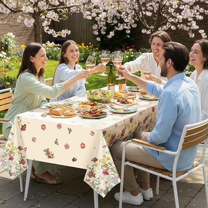 3 Pack Spring Floral Plastic Tablecloths, 54×108Inch Tea Party Tablecloth Rectangle Vintage Table Cloth Butterfly Wildflower Porcelain Table Decor for Easter Mother's Day Birthday Garden Wedding