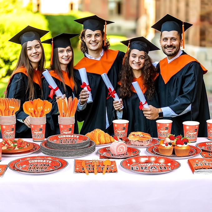 175PCS Graduation Plates and Napkins Set 2026 Graduation Party Supplies Tableware Set Include Paper Plate Napkin Cup Knife Fork Spoon for Grad Party Decor Serve25 (Orange and Black)