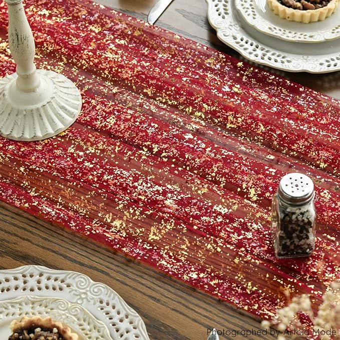 Artoid Mode Red Gold Gauze Table Runner 59x120 Inch 10FT, Glitter Metallic Foil Sheer Dining Wedding Anniversary Holiday Table Decor for Home Party