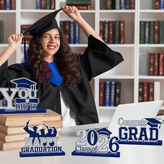 4Pcs Graduation Decorations Class of 2026 Wood Table Centerpieces Congrats Grad Wooden Sign Graduation Table Toppers Congratulate Tiered Tray Decor for 2026 Graduation Party(Navy Blue-Silver)