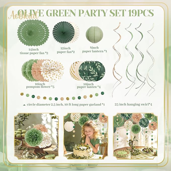 AOBKIAT Sage Green Party Decorations Kit for Birthday,Paper Decor with Flower,Lantern,Party Garland,Streamers for Netural Baby Shower,Bridal Shower,Boho Wedding,Bachelorette,Woodland Theme Parties