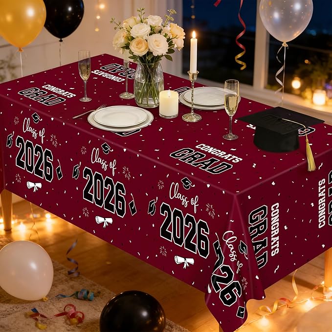 QZYL 4 Pack Graduation Table Decorations 2026, 54" x 108" Maroon Graduation Table Cloths, Disposable Grad Party Decorations for Class of 2026 Congrats Grad, Rectangle Plastic Tablecloth for College