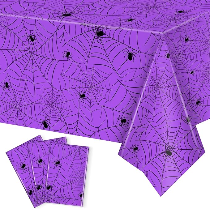3Pcs Halloween Tablecloth - Spider Web Table Cloth, Plastic Disposable for Party Decorations 54" x 108" (Purple)