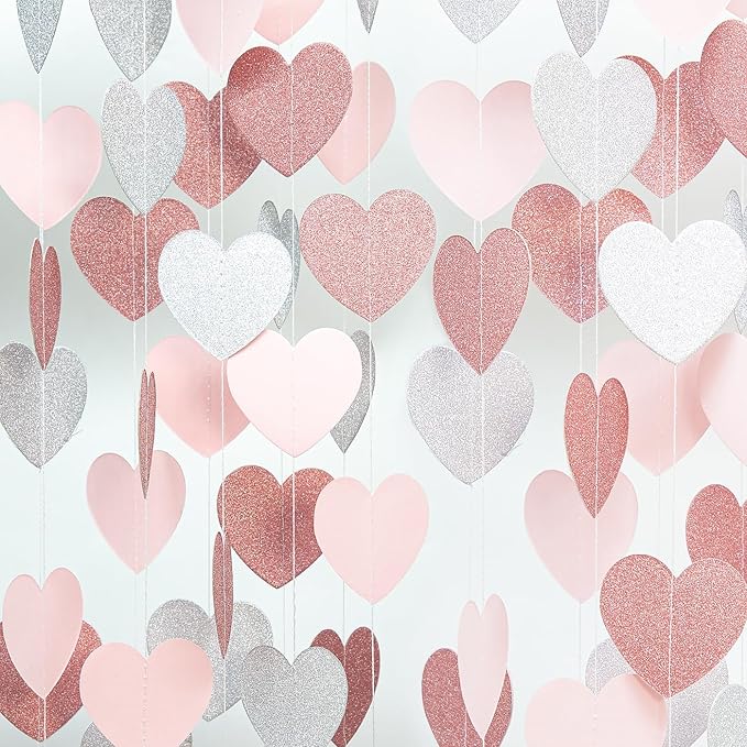 Rose-Gold Pink Silver Party Decorations - 52Ft Paper Heart Garland Streamer Women Girls Birthday Banner Baby Bridal Shower Bachelorette Engagement Banner Mothers Day Hanging Decor HongTongTong
