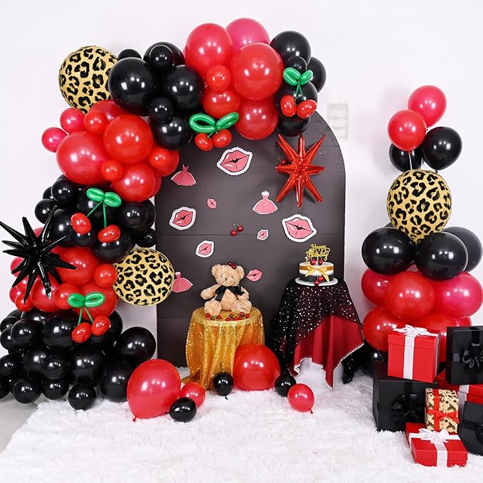 Red Black Balloons Garland Arch Kit, 133pcs Green Cherry Black Red Explosion Star Foil Balloons, 4D Cheetah Print Mylar Balloons for Berry Themed Birthday Baby Shower Bachelorette Party Decorations
