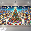 Christmas Village Backdrop 70.9 x 43.3 Inch Winter Wonderland Tree and Snowy Houses Banner with Gifts, Snowman & Lights for Indoor Outdoor Holiday Party Photo Background