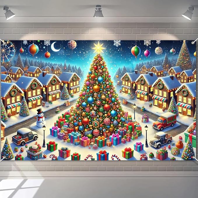 Christmas Village Backdrop 70.9 x 43.3 Inch Winter Wonderland Tree and Snowy Houses Banner with Gifts, Snowman & Lights for Indoor Outdoor Holiday Party Photo Background