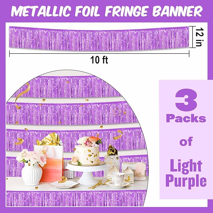 3 Pack 10 Ft Light Purple Foil Fringe Garland Metallic Streamers Tinsel Banner Wall Hanging Garland Backdrop for Parade Floats, Halloween, Christmas, Thanksgiving, New Year Party Decorations