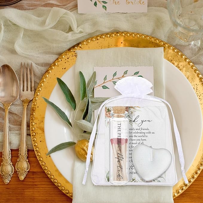 Wovnet 50 Sets Wedding Party Favors for Guests Bulk Including Heart Shaped Candles and Empty Matches Jars with Cork Top Thank You Cards and Organza Bags for Wedding Bridal Shower Party (Boho Flower)