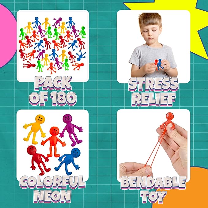 Stretchy Bendable Man (180 Pack) Assorted Fun Colors, A Sticky, Stretchable, Slimy, Gooey Texture, Toy for Stress Anxiety Relief, Great Party Favor, Stocking Stuffer