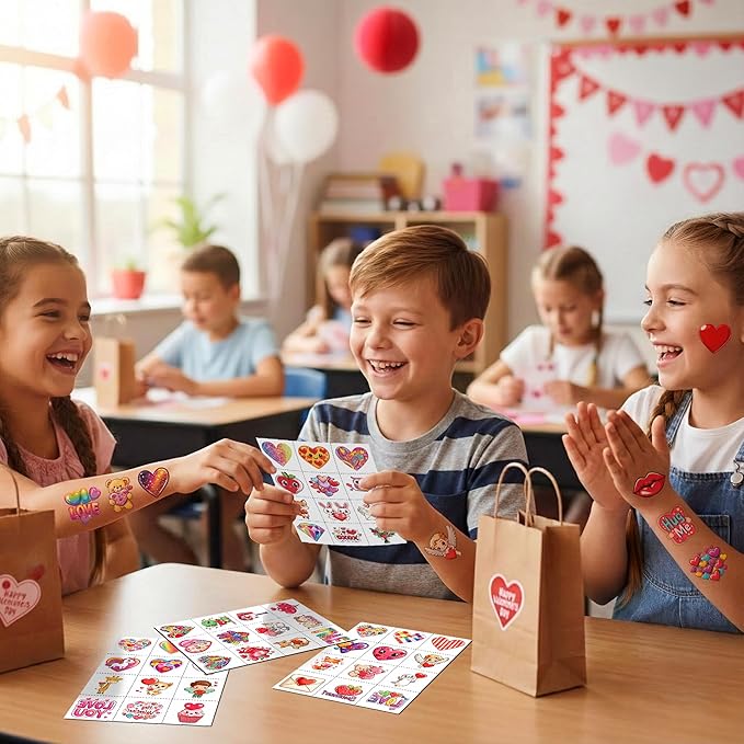 JCFIRE 96Pcs Valentines Day Stickers for Kids Temporary Tattoos, Heart Stickers for Valentines Day Gifts for Kids Classroom Exchange, Waterproof Decals for Party Favors, Goodie Bags, Crafts