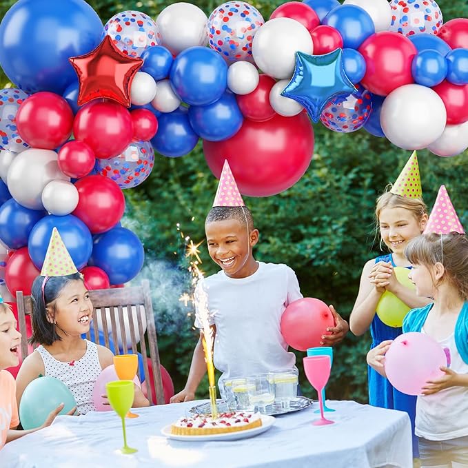 138PCS Red White and Blue Balloon Garland Arch Kit, 18 12 10 5 inch Red and Blue White Balloon Garland with Stars for 4th of July Decorations Birthday Baseball Veterans Memorial Patriotic Day