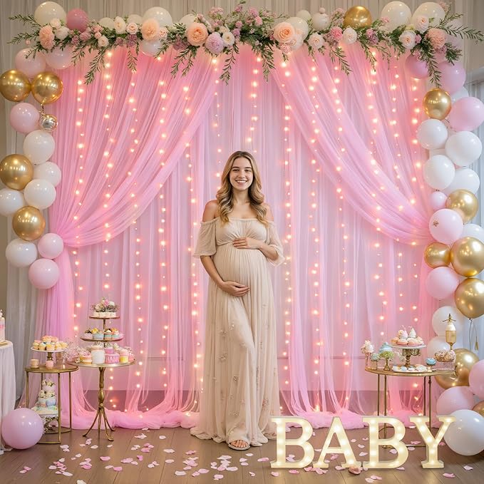 10ft×15ft Pink Tulle Backdrop Curtains with Lights String for Parites Pink Sheer Backdrop Curtains for Baby Shower Girls Birthday Party Wedding Bridal Shower Photo Shoot Background 2 Panels 5×15ft