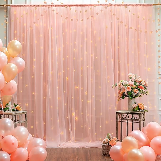 30ft x 10ft Peach Backdrop Curtain with Lights String for Parties, Sheer Tulle Wedding Photo Backdrops Drapes for Baby Shower Birthday Party Decorations Background for Photography
