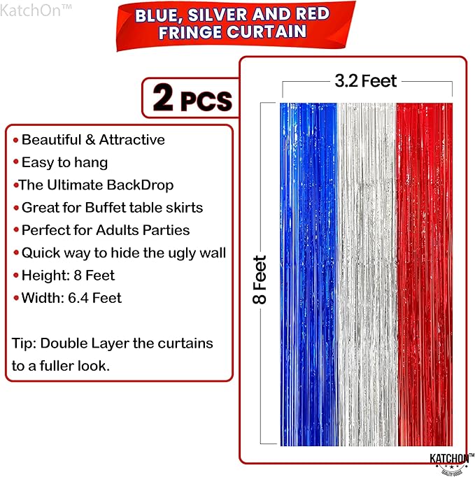 KatchOn, Red White and Blue Streamers - Xtralarge, 8x6.4 Feet, Pack of 2 | Red White And Blue Fringe Curtain for White Trash Party Decorations