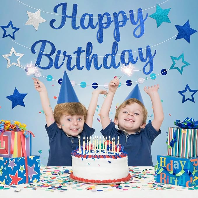Pre-Strung Happy Birthday Banner, NO DIY Birthday Decorations with Circle Dot Garland，Happy Birthday Party Decorations for Women Men Girls Boys (Blue)