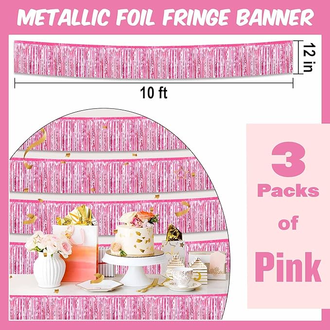 3 Pack 10 Ft Pink Foil Fringe Garland Metallic Streamers Tinsel Banner Wall Hanging Garland Backdrop for Parade Floats, Halloween, Christmas, Thanksgiving, New Year Party Decorations