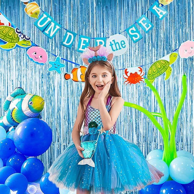 MYUPDALIN 2 Pack Blue Foil Fringe Tinsel Backdrop Party Decorations for Birthday/Mermaid/Ocean/Graduation/Baby Party Decorations