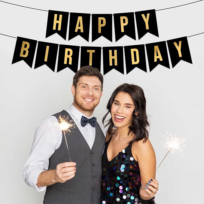 Pre-strung Happy Birthday Banner - No DIY - Black Birthday Party Banner with Gold Letters - Pre-strung on 8 ft Strands - Black Bday Party Decorations & Decor for Men & Women. Did We Mention No DIY