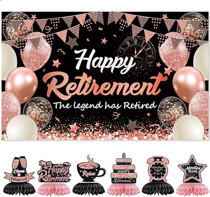 Retirement Party Decorations for Women, Rose Gold Happy Retirement Decorations Banner with 6PCS Honeycomb Centerpiece,5.9 x 3.6Ft,Going Away Party Decorations Coworker Goodbye Party Supplies