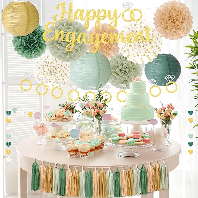 Engagement Party Decorations Sage Green Engaged Decorations with Gold Happy Engagement Banner, Includes Paper Pom Poms Paper Lanterns, Tassels for Couple Bridal Shower Decor