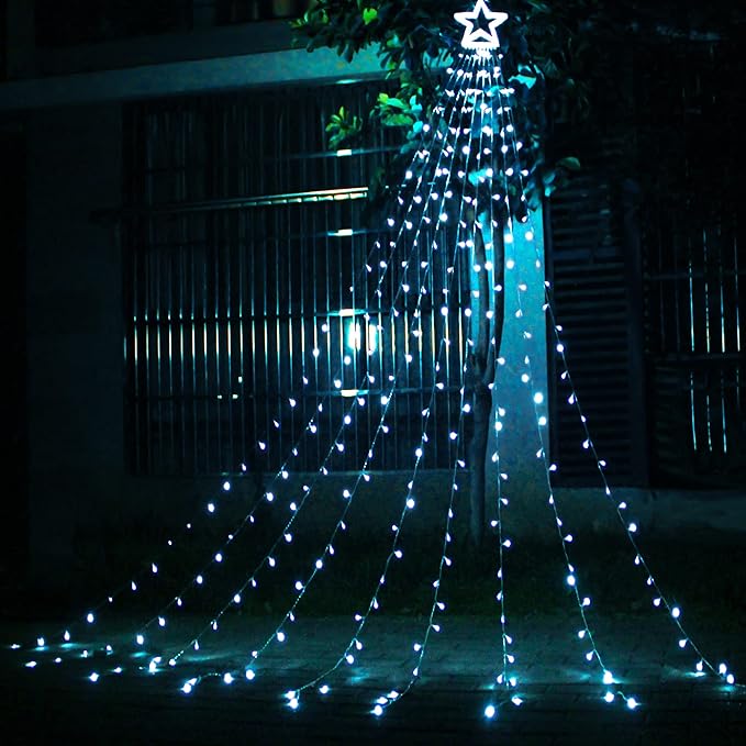 Christmas Decorations Star String Lights, 320 LEDs Outdoor Waterfall Tree Lights with 13" Topper Star, Plug in Waterproof Hanging Fairy Lights for Xmas New Year Holiday Party Yard Decor