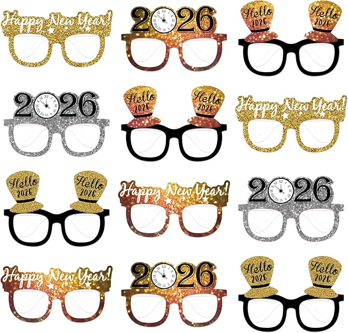 12PCS New Year Glasses, Funny New Years Eve Party Paper Glasses Photo Booth Props 2026 Eyeglasses Frames for NYE Party Supplies Decorations 2026