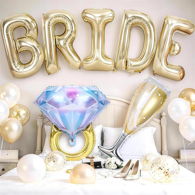 40inch Gold Bride Balloons Bachelorette, Bride To Be Bridal Shower Balloon Diamond Ring Champagne Glass Foil Balloons for Bachelorette Bridal Shower Engagement Wedding Hen Night Room Party Decorations