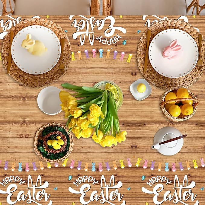 OBUSATT 3PCS Easter Tablecloth Plastic Easter Rustic Wooden Wall Theme Disposable Table Cover Bunny Rabbit Colorful Eggs Rectangular Tablecloth for Spring Party