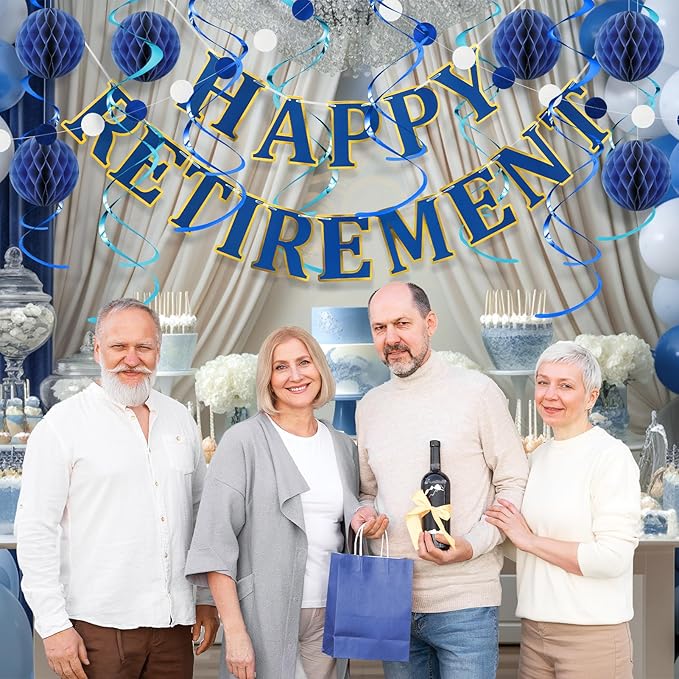 Retirement Party Decorations Kit for Women Men - 16-Piece Elegant Blue Set with Pre-Strung Banner, Honeycomb Balls, Swirls & Garland | Instant Setup Party Decor | Retirement Gifts & Supplies