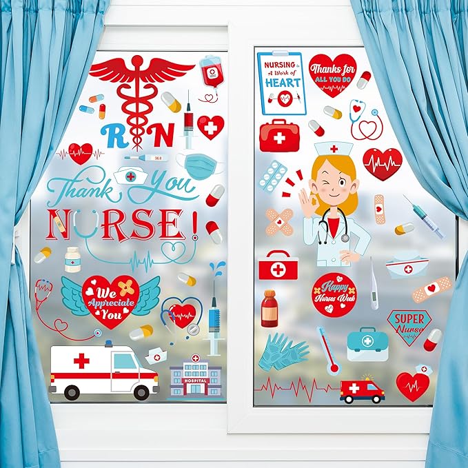82 PCS Nurses Week Decorations, 9 Sheets Nurses Week Window Clings with Hearts, Thank You Nurse Appreciation Week Decor, Double-Sided Nursing Stickers for Windows Stores Offices Parties