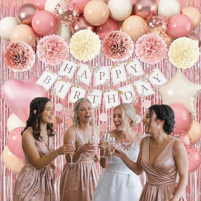 Pink Birthday Decorations for Women, Boho Dusty Pink Rose Gold Blush Beige Latex Balloons Happy Birthday Banner Foil Fringe Curtain Tissue Paper Pompom for Woman Girls Party Decoration Supplies