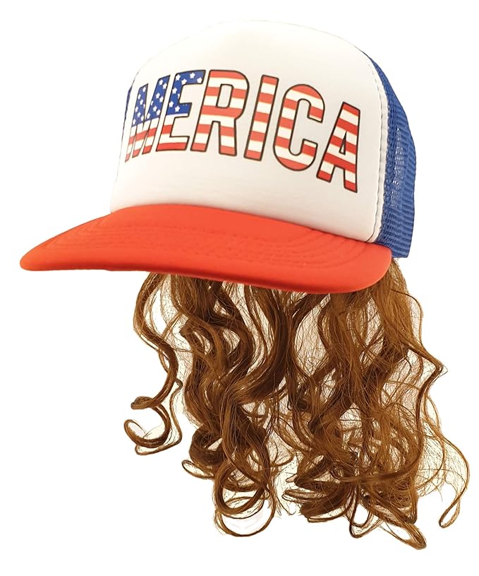 HandinHandCreations USA Mullet Hat Brown Wig Merica 4th of July All American Costume One Size Fits Adult - Cotton Hat