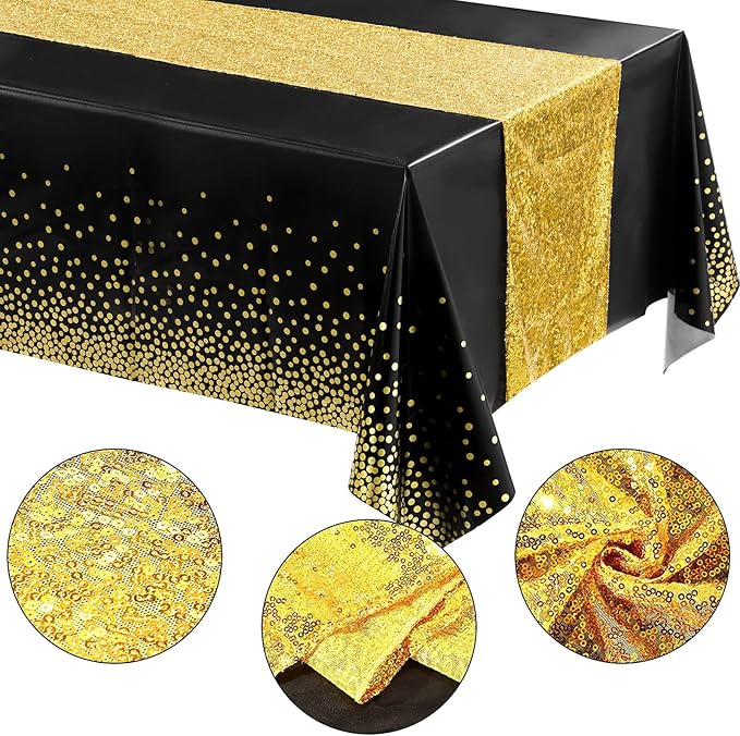Irenare Tablecloth and Sequin Table Runner Set Polka Dots Confetti Table Cover Dining Plastic Tablecloths Glitter Decorations for Birthday Wedding Anniversary Party Supplies (Black, Gold,2 Pcs)