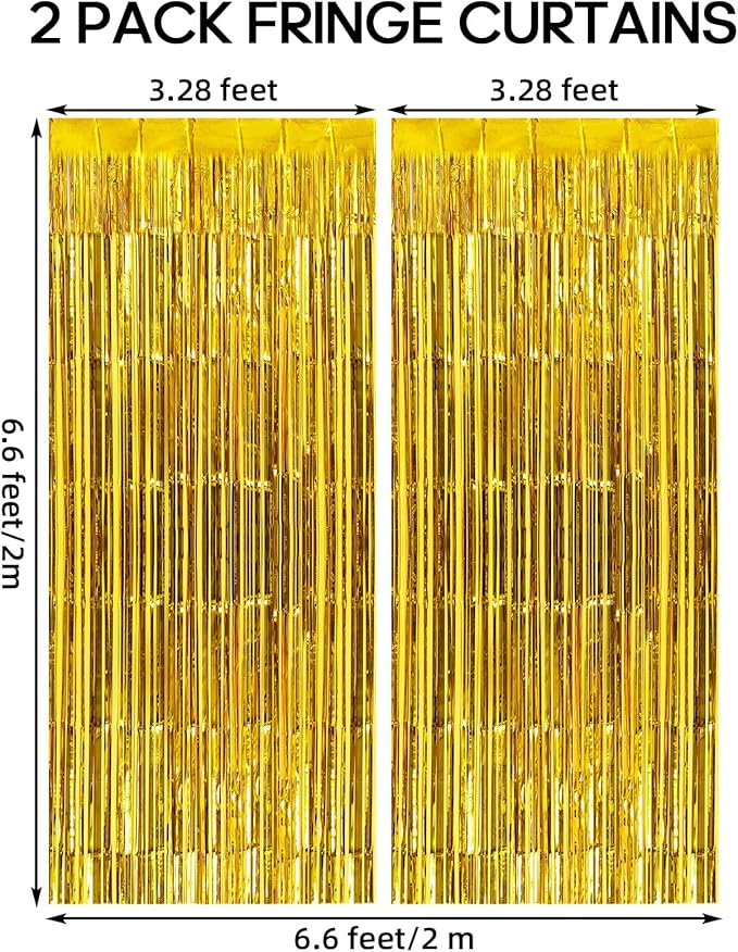 2 Pack Fringe Curtains Backdrops, Foil Fringe Curtains, Door Streamers for Birthday Wedding Bridal Shower Holiday Graduation Party Decorations, Photo Booth Backdrops, Gold