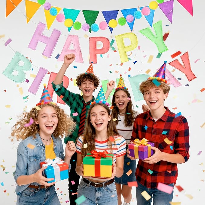 3PCS Pre-Strung 3D Macaron Pastel Felt Happy Birthday Banner Set – Pom Pom Garland & Triangle Bunting, Reusable Happy Birthday Decorations, Felt Happy Birthday Banner & Sign for Girls, Boys & Teens