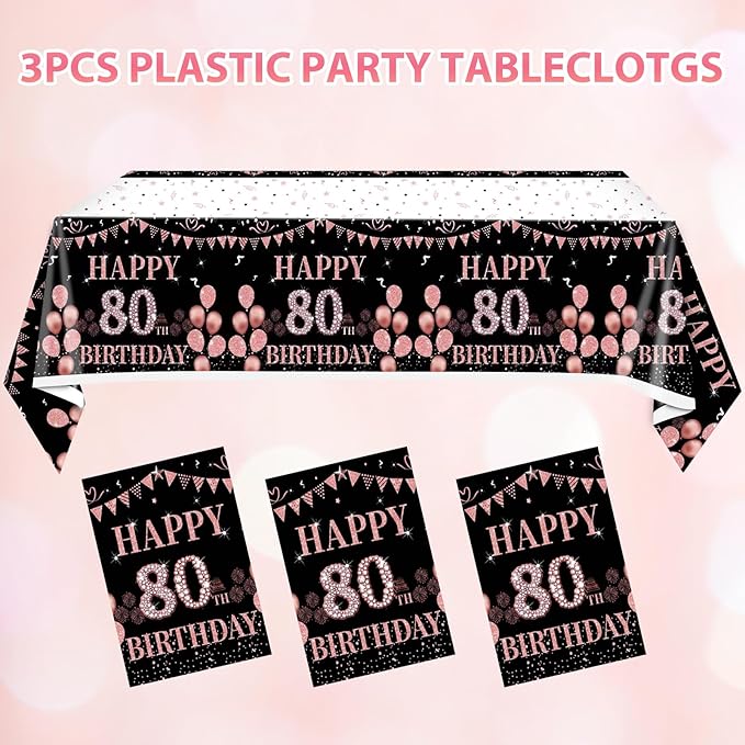 3 PCS 80th Birthday Tablecloth Decorations Black and Rose Gold 80 Years Old Party Disposable Rectangular Table Cloth for Women Birthday Anniversary Celebration Decor