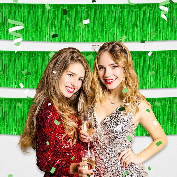 3 Pack 10 Feet Green Foil Fringe Garland Metallic Tinsel Streamers Banner Wall Hanging Curtain Backdrop for Parade Floats, Christmas Day, Thanksgiving, Birthday Party Decorations