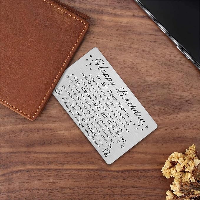 DEGASKEN Birthday Card for Nephew Adult - Nephew Birthday Card from Aunt - Happy Birthday Gifts for Nephews, Special Metal Engraved Wallet Cards