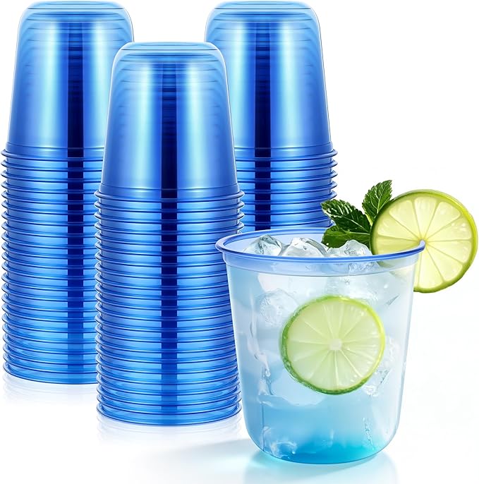 KesaPlan 100 Pcs Blue Plastic Cups, 12oz Disposable Stemless Wine Glasses for Cocktail Clear Wine Cups Cocktail Glasses Blue Party Cup for Wedding Birthday Meeting Christmas Party