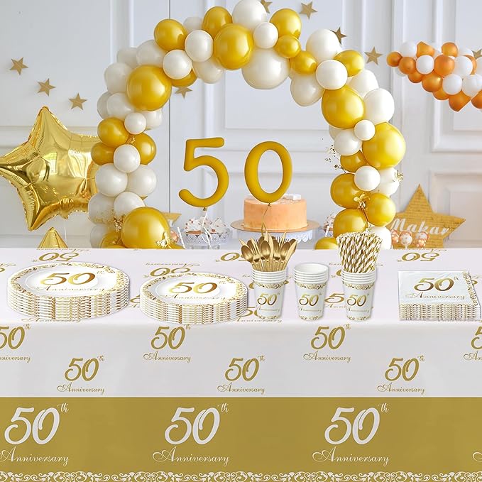 APOWBLS 50th Anniversary Decorations And Supplies Tableware - Golden 50th Wedding Anniversary Decorations Party Supplies, Paper Plate, Napkin, Tablecloth, Fork | Serves 24