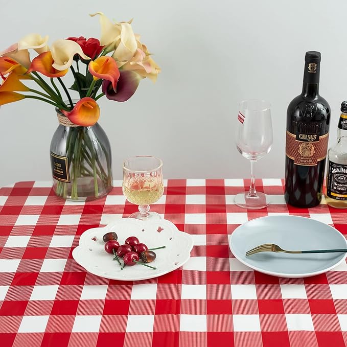 Kesfey 8 Packs Red and White Checkered Tablecloths 54 x 108 Inches Disposable Rectangle Red Gingham Table Cloth Waterproof Plastic Picnic Party Plaid Tablecovers for Picnic BBQ Family Outings