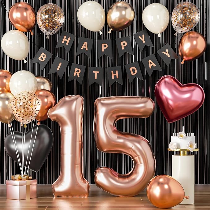 15th Birthday Decorations for Girls - Rose Gold, Black Hot Pink Quinceanera Party Supplies Set with Happy 15th Banner, Number 15 Balloons, Foil Fringe Curtains - 15 Year Old Mis Quince Celebration Kit