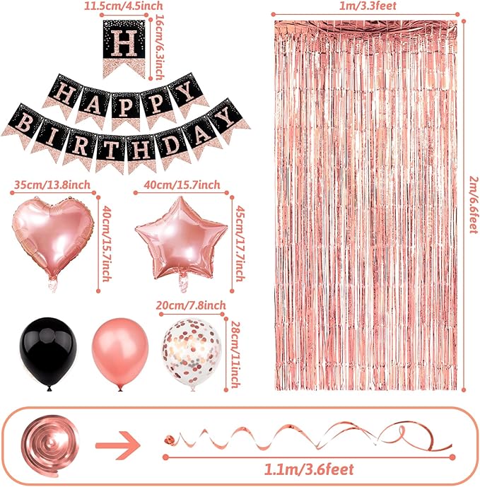 Rose Gold Black Birthday Decorations, Happy Birthday Banner, Confetti Balloons, Fringe Curtain, Heart Star Foil Balloons, Hanging Swirls for Women Girls Princess Party Decorations