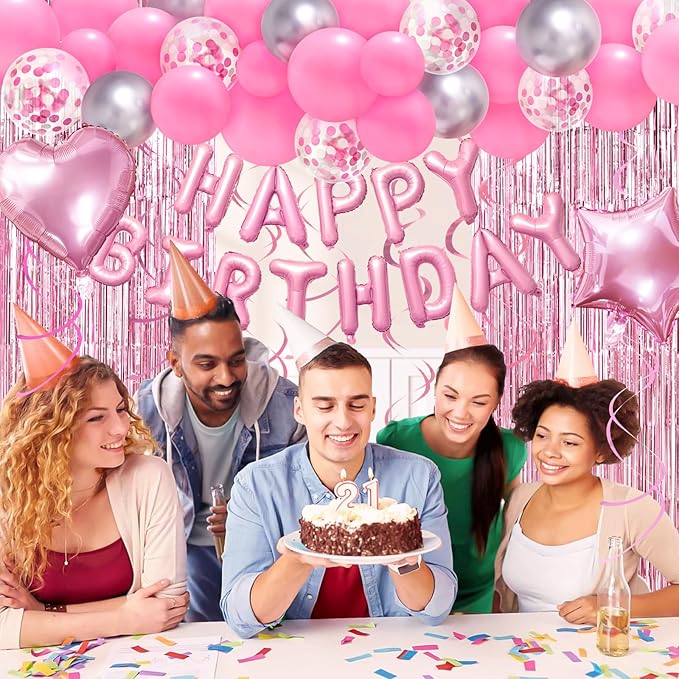 Pink Birthday Decorations, Happy Birthday Banner, Confetti Balloons, Fringe Curtain, Heart Star Foil Balloons, Hanging Swirls for Women Girls Princess Party Decorations