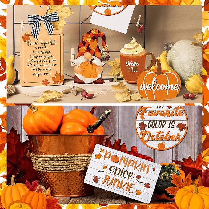 15 Pcs Thanksgiving Tiered Tray Decor Set Fall Thanksgiving Pumpkin Table Decor Drinking Coffee Rustic Farmhouse Pumpkin Truck Spice Blocks Autumn Wooden Sign Home Decorations