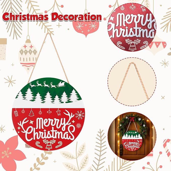 OHOME Christmas Decorations Outdoor - Christmas Wreaths for Front Door | Rustic Round Wood Welcome Sign,Xmas Garland - Navidad Party Decor Favors Supplies for Door Wall Room Porch Kitchen